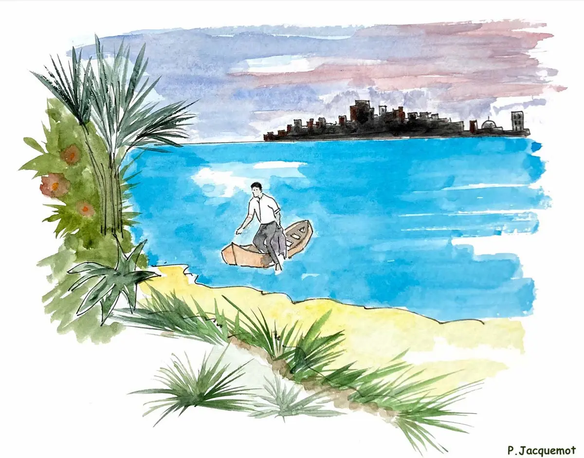 Aquarelle — homme débarquant